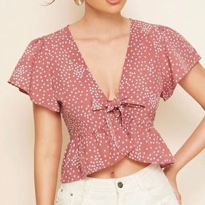 Polka Dot Ruffle Hem Tie Front Top